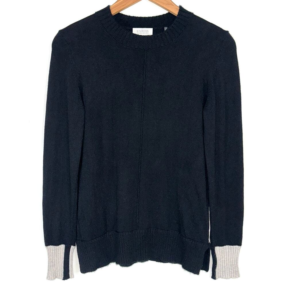 Kinross Cashmere Black Contrast Trim Crew Neck Sweater Size Small